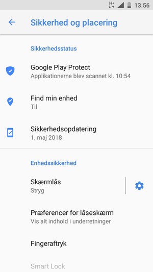 For at aktivere din skærmlås, gå til menuen Sikkerhed og placering og vælg Skærmlås