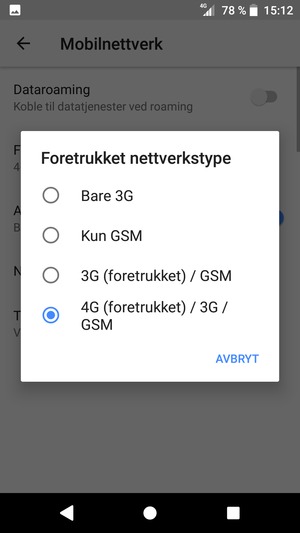 Velg ønsket alternativ