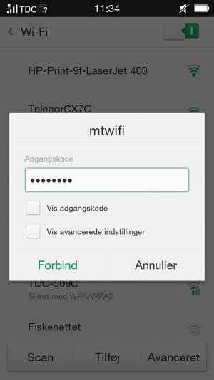Indtast Wi-Fi adgangskoden og vælg Forbind