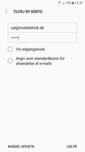 Indtast din e-mailadresse og adgangskode. Vælg MANUEL OPSÆTN.