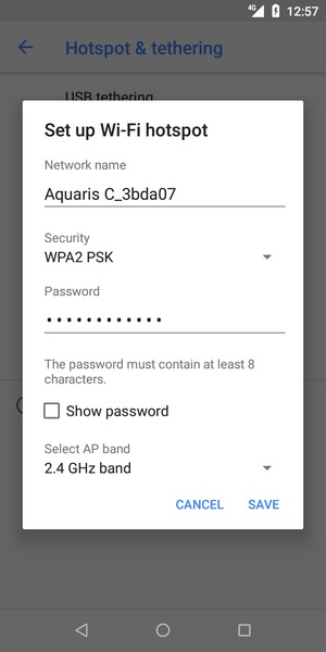 Enter a Wi-Fi hotspot password of at least 8 characters and select SAVE