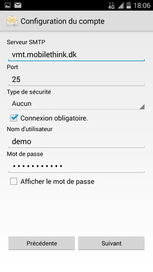Saisissez l'adresse du serveur sortant