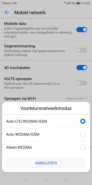 Selecteer Auto WCDMA/GSM om 3G in te schakelen en Auto LTE/WCDMA/GSM om 4G in te schakelen