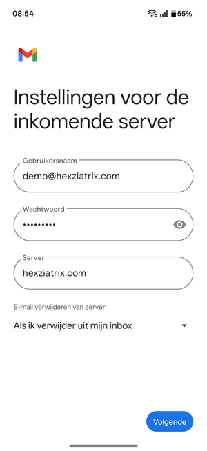 Voer Gebruikersnaam en binnenkomend serveradres in. Selecteer Volgende