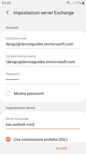 Inserisci Nome utente e l'indirizzo del server Exchange. Seleziona Accedi