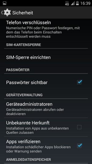 Um die PIN für die SIM-Karte zu wechseln, gehen Sie zum Sicherheit Menü zurück und wählen Sie SIM-Sperre einrichten