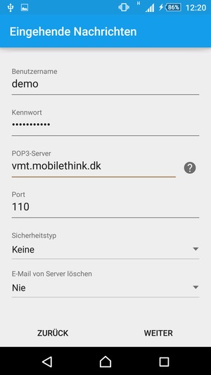 Geben Sie Benutzername und die Server-Adresse für eingehende Post ein. Wählen Sie WEITER