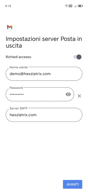 Inserisci l'indirizzo del server di posta in uscita e seleziona AVANTI
