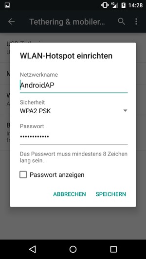 Geben Sie eine WLAN-Hotspot-Passwort mit mindestens 8 Zeichen ein und wählen Sie SPEICHERN