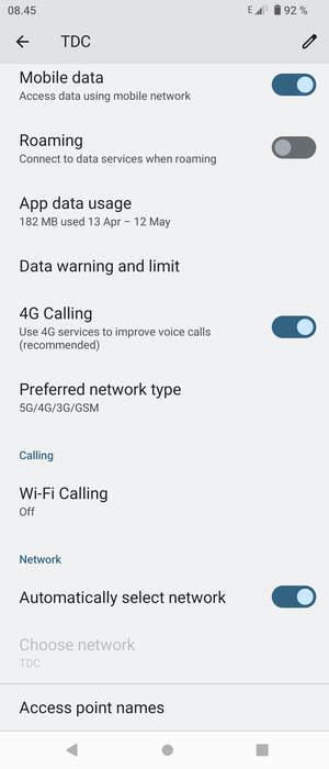Scroll to and select Preferred network type