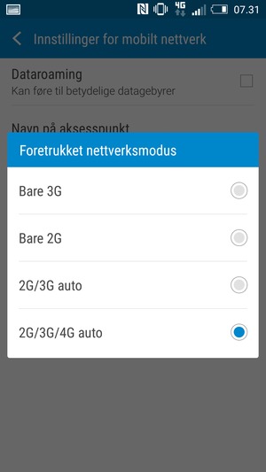 Velg 2G/3G auto for å aktivere 3G og 2G/3G/4G auto for å aktivere 4G