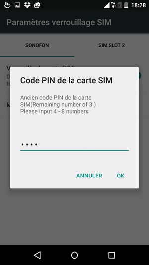 Saisissez votre Ancien code PIN de la carte SIM et sélectionnez OK