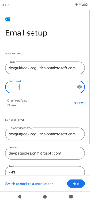 Enter Username and Exchange server address. Select Next