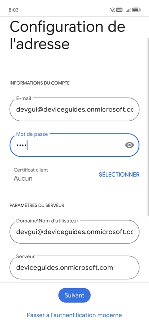 Saisissez votre Nom d'utilisateur et l'adresse du serveur Exchange. Sélectionnez Suivant