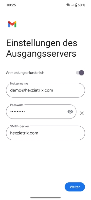 Geben Sie die Server-Adresse für ausgehende Post ein und wählen Sie Weiter