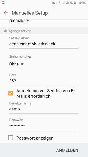 Scrollen Sie nach unten und geben Sie die Server-Adresse für ausgehende Post ein