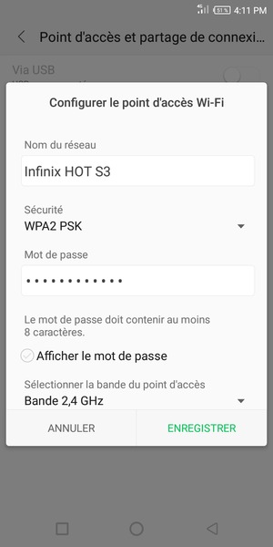 Saisissez un mot de passe de hotspot Wi-Fi d'au moins 8 caractères et sélectionnez ENREGISTRER