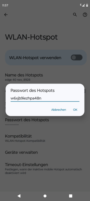 Geben Sie eine WLAN-Hotspot-Passwort mit mindestens 8 Zeichen ein und wählen Sie OK