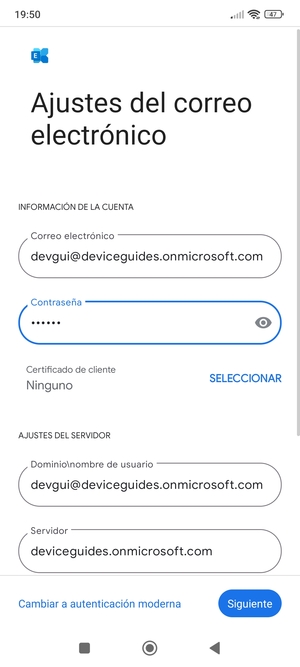 Introduzca Correo electrónico y la dirección de servidor Exchange. Seleccione Siguiente