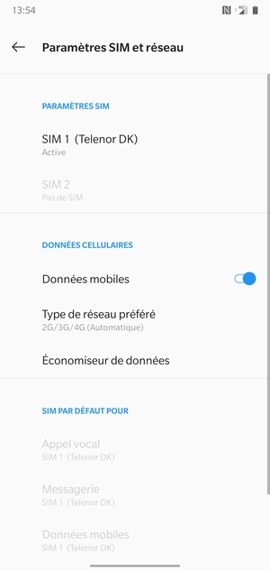 Sélectionnez SIM 1 ou SIM 2