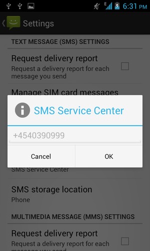 Enter the SMS Service Center number and select OK