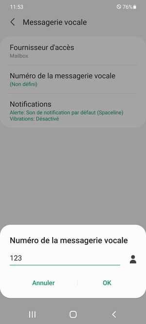 Saisissez le Numéro de la messagerie vocale et sélectionnez OK