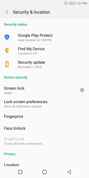 To activate your screen lock, go to the Security & location menu and select Screen lock