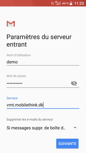Saisissez votre Nom d'utilisateur et l'adresse du serveur entrant. Sélectionnez SUIVANTE