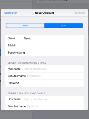 Wählen Sie POP oder IMAP und geben Sie E-Mail-Informationen für SERVER FÜR EINTREFFENDE E-MAILS ein