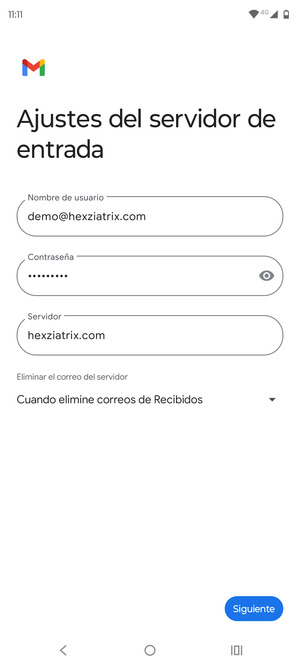 Introduzca Nombre de usuario y la dirección de servidor entrante. Seleccione Siguiente
