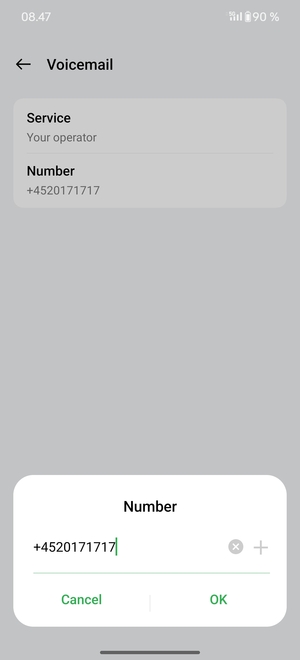 Enter the Voicemail number and select OK