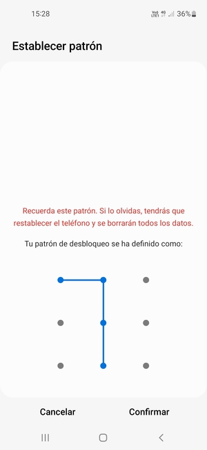 Dibuje de nuevo el patrón de desbloqueo y seleccione Confirmar