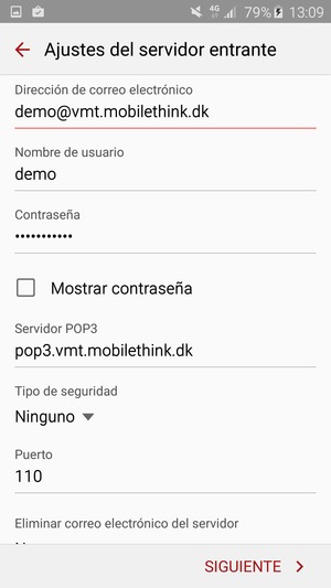 Introduzca Nombre de usuario y la dirección de servidor entrante. Seleccione SIGUIENTE