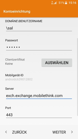 Geben Sie Benutzername und die Server-Adresse für eingehende Post ein. Wählen Sie WEITER