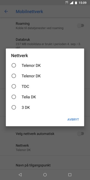 Velg en nettverksoperatør fra listen