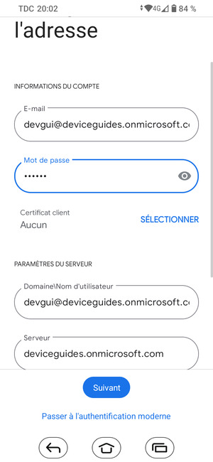 Saisissez votre Nom d'utilisateur et l'adresse du serveur Exchange. Sélectionnez Suivant