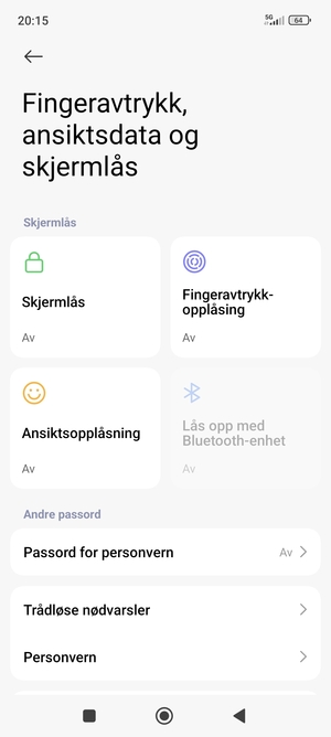 For å aktivere skjermlåsen, gå tilbake til Fingeravtrykk, ansiktsdata og skjermlås-menyen og velg Skjermlås
