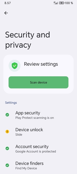 To activate your screen lock, go to the Security and privacy menu and select Device unlock