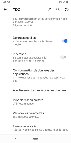 Faites défiler et sélectionnez Paramètres avancées