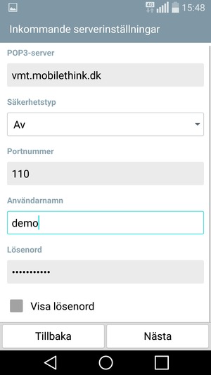 Ange Inkommande-serveradress och Användarnamn. Välj Nästa