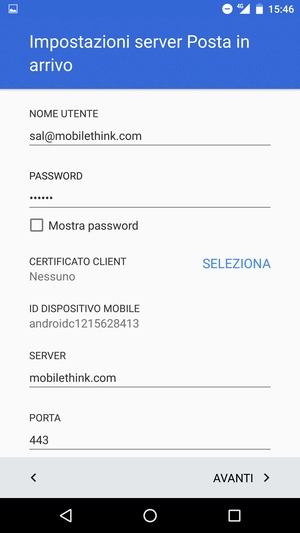 Inserisci Nome utente e l'indirizzo del server Exchange. Seleziona AVANTI