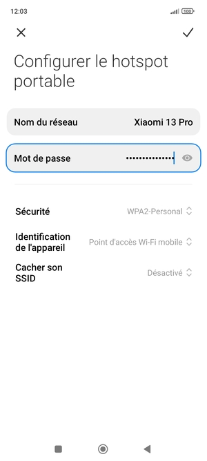 Saisissez un mot de passe de hotspot Wi-Fi d'au moins 8 caractères et sélectionnez ENREGISTRER