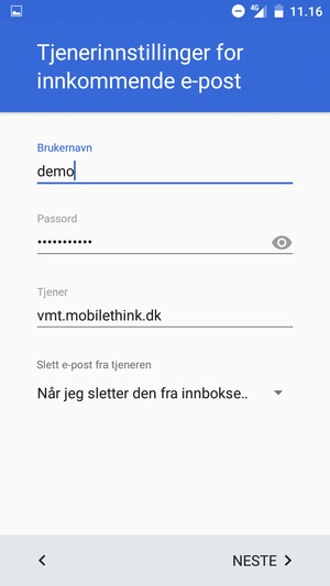 Skriv inn Brukernavn og innkommende serveradresse. Velg NESTE