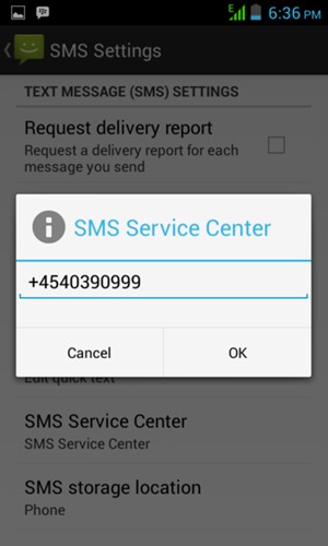 Enter the SMS Service Center number and select OK