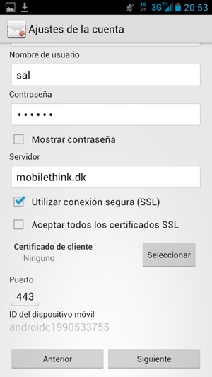 Introduzca la dirección de servidor Exchange. Seleccione Siguiente