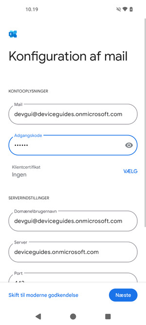 Indtast Brugernavn og Exchange serveradresse. Vælg Næste