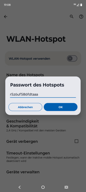 Geben Sie eine WLAN-Hotspot-Passwort mit mindestens 8 Zeichen ein und wählen Sie OK