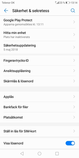 För att aktivera ditt skärmlås, gå till Säkerhet & sekretess-menyn och välj Skärmlås & lösenord
