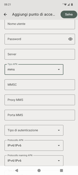 Scorri verso il basso e inserisci le informazioni degli MMS