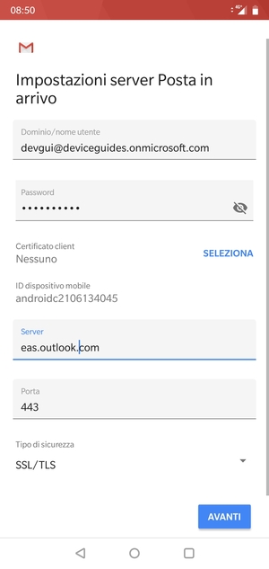 Inserisci Nome utente e l'indirizzo del server Exchange. Seleziona AVANTI